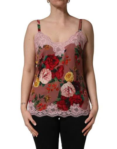 Dolce & Gabbana Brown Rose Print Satin Lace Camisole Tank Top In Multi