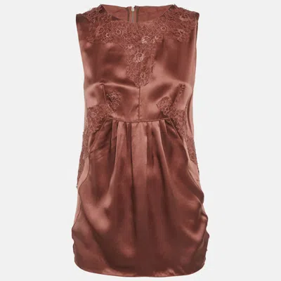 Pre-owned Dolce & Gabbana Brown Satin Lace Detail Top M