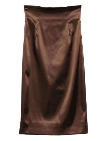 DOLCE & GABBANA BROWN SATIN MIDI SKIRT