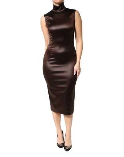 Pre-owned Dolce & Gabbana Brown Satin Sheath Midi Sleeveless Women's Dress ()