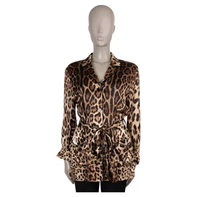 Pre-owned Dolce & Gabbana Brown Silk Leopard Belted Pajama Shirt 42 M