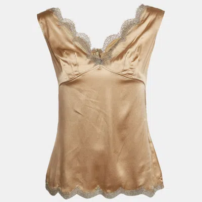 Pre-owned Dolce & Gabbana Brown Silk Satin Scalloped Lace Detail Camisole Xl