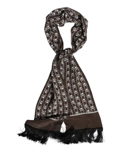 Dolce & Gabbana Brown Skulls Print Fringes Foulard Men's Scarf