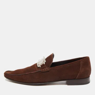 Pre-owned Dolce & Gabbana Brown Suede And Leather Logo Plate Slip On Loafers Size 45