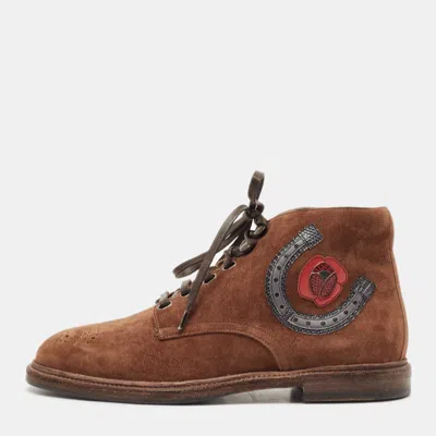 Pre-owned Dolce & Gabbana Brown Suede Embroidered Patch Ankle Boots Size 35.5