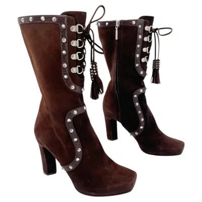 Pre-owned Dolce & Gabbana Brown Suede Studded Tassel Lace Up Mid Calf Heeled Boots It 38.5