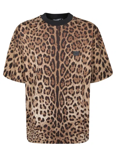 Dolce & Gabbana Brown T-shirt With All-over Leopard Motif In Cotton Man In Multicolor