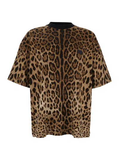 DOLCE & GABBANA DOLCE & GABBANA MEN BROWN T-SHIRT WITH ALL-OVER LEOPARD MOTIF IN COTTON MAN