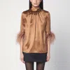 Dolce & Gabbana Double Satin Turtle-neck Top With Feathered Detailing In Beige