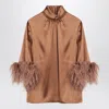 Dolce & Gabbana Double Satin Turtle-neck Top With Feathered Detailing In Beige