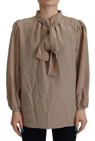 Dolce & Gabbana Brown Waistband Sleeves Ascot Collar Top Women's Blouse