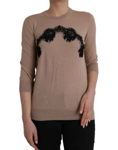 Pre-owned Dolce & Gabbana Brown Wool Black Lace 3/4 Sleeve Blouse Women's Top () In Black And Brown