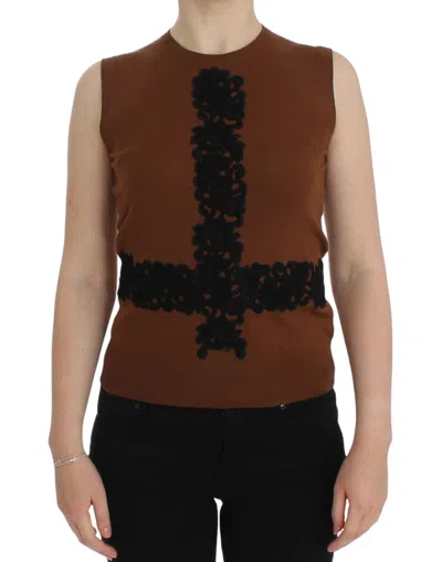 Dolce & Gabbana Brown Wool Black Lace Vest Sweater Top In Beige