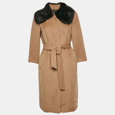 Pre-owned Dolce & Gabbana Brown Wool Blend Fur Collar Belted Coat S