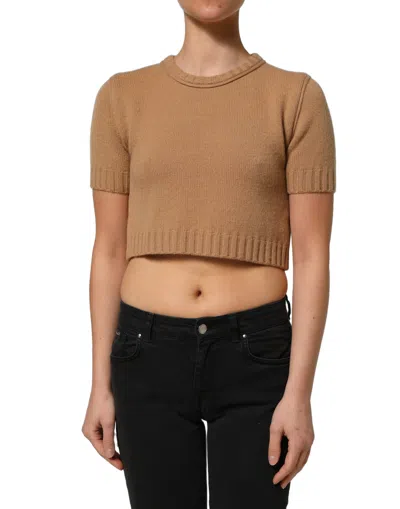 Dolce & Gabbana Brown Wool Short Sleeves Cropped Blouse Women's Top