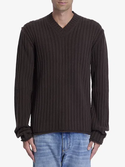 Dolce & Gabbana V-neck Regular Fit Wool Sweater In Brown