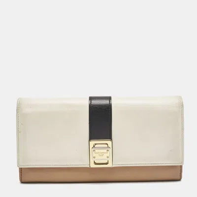 Pre-owned Dolce & Gabbana Brown/beige Leather And Leather Turnlok Flap Continental Wallet