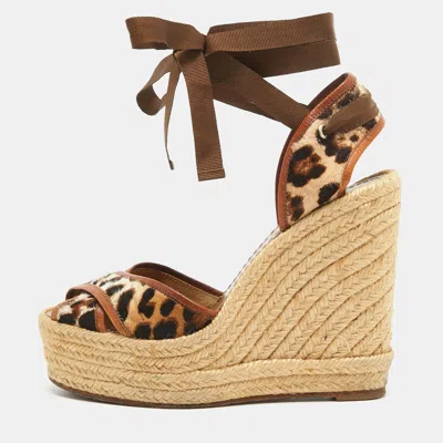Pre-owned Dolce & Gabbana Brown/beige Leopard Calf Hair And Leather Ankle Wrap Espadrille Size 37