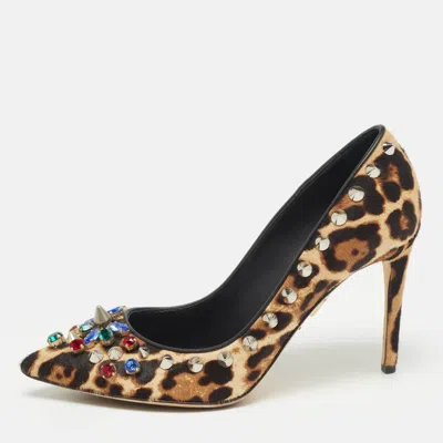 Pre-owned Dolce & Gabbana Brown/beige Leopard Print Calf Hair Studded Pumps Size 37.5