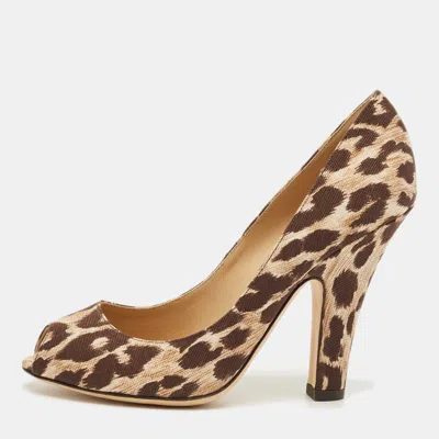 Pre-owned Dolce & Gabbana Brown/beige Leopard Print Fabric Peep Toe Pumps Size 37.5