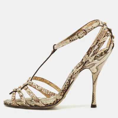 Pre-owned Dolce & Gabbana Brown/beige Python Crystal Embellished T-strap Sandals Size 38