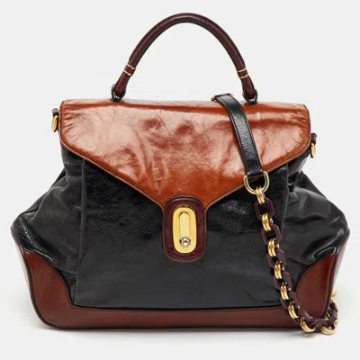 Pre-owned Dolce & Gabbana Brown/black Glossy Leather Miss Lantana Top Handle Bag