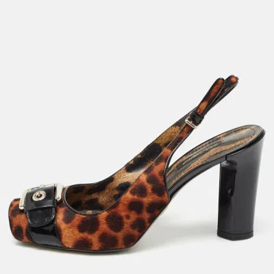 Pre-owned Dolce & Gabbana Brown/black Leopard Calf Hair And Patent Open Toe Slingback Pumps Size 37