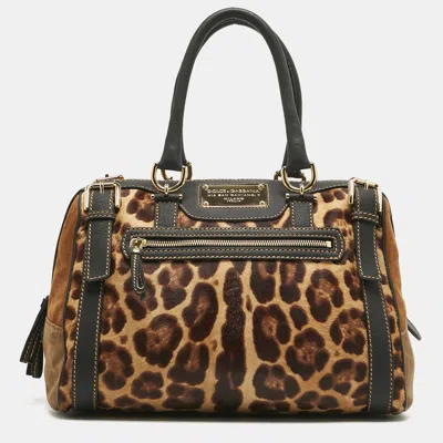 Pre-owned Dolce & Gabbana Brown/black Leopard Print Calf Hair Miss Easy Way Satchel