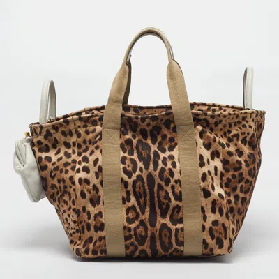 Pre-owned Dolce & Gabbana Brown/black Leopard Print Fabric And Leather Front Pouch Tote