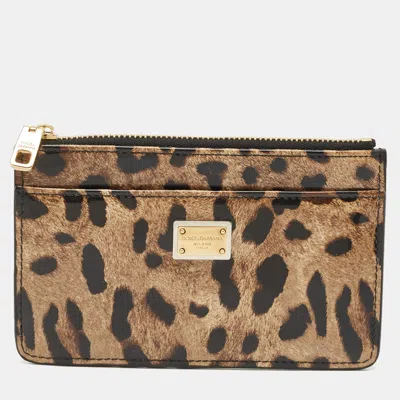 Pre-owned Dolce & Gabbana Brown/black Leopard Print Patent Leather Zip Card Holder