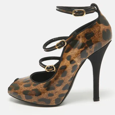 Pre-owned Dolce & Gabbana Brown/black Leopard Print Patent Peep Toe Pumps Size 38.5