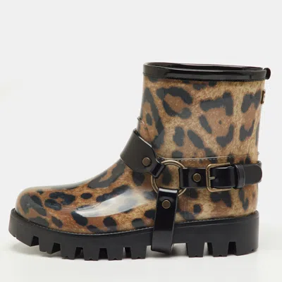 Pre-owned Dolce & Gabbana Brown/black Leopard Print Rubber Ankle Rain Boots Size 40