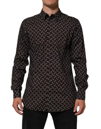Dolce & Gabbana Brownfloral Collared Gold Formal Dress Shirt