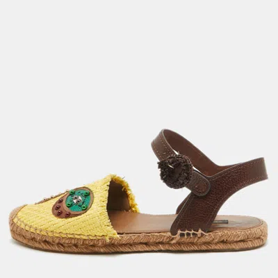 Pre-owned Dolce & Gabbana Brown/yellow Raffia And Leather Pineapple Kiwi Patch Espadrille Sandals Size 40