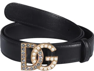 Dolce & Gabbana Leather Belt With Rhinestones And Pearls Logo In Black