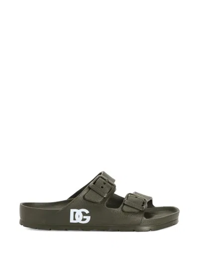 Dolce & Gabbana Kids' Buckle Logo Slippers In Green