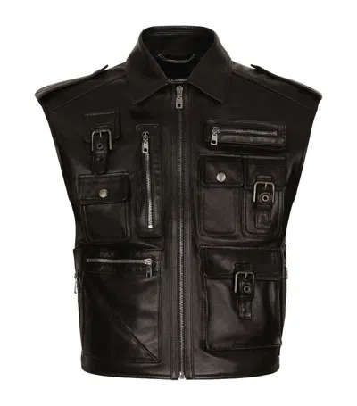 DOLCE & GABBANA BULLHIDE LEATHER CARGO GILET