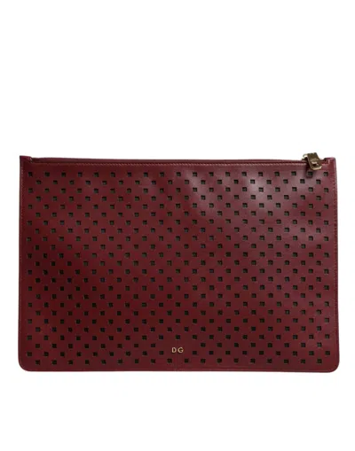 Dolce & Gabbana Burgundy Black Logo Embellished Men Zip Flat Pouch Men's Bag