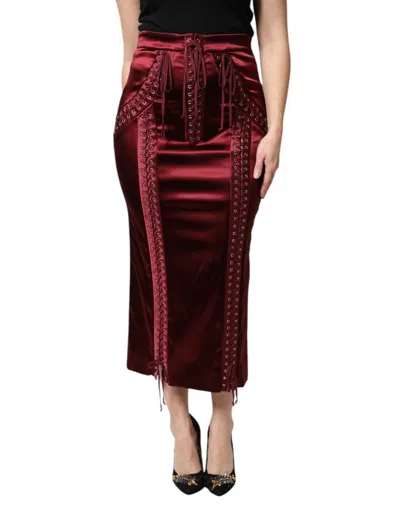 Pre-owned Dolce & Gabbana Burgundy High Waist Satin Corset Midi Women's Skirt ()