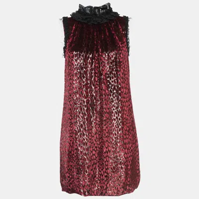 Pre-owned Dolce & Gabbana Burgundy Lace Trim Lurex And Velvet Shift Dress S