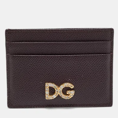 Pre-owned Dolce & Gabbana Burgundy Leather Crystal Embellished Logo Card Holder