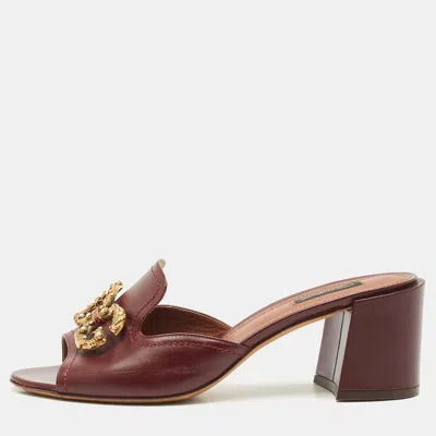 Pre-owned Dolce & Gabbana Burgundy Leather Dg Logo Slide Sandals Size 41