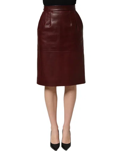Dolce & Gabbana Burgundy Leather High Waist Pencil Midi Women's Skirt