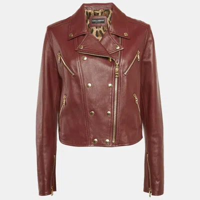 Pre-owned Dolce & Gabbana Burgundy Leather Zip-up Riders Jacket Xl