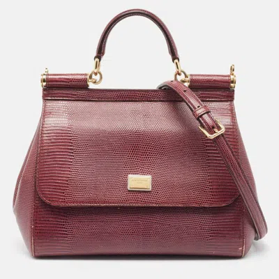 Pre-owned Dolce & Gabbana Burgundy Lizard Embossed Leather Medium Miss Sicily Top Handle Bag