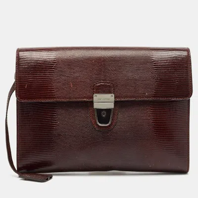 Pre-owned Dolce & Gabbana Burgundy Lizard Embossed Leather Wristlet Lock Pouch