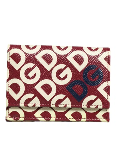 Pre-owned Dolce & Gabbana Burgundy Logo Print Calf Leather French Flap Card Holder Women's Wallet ()