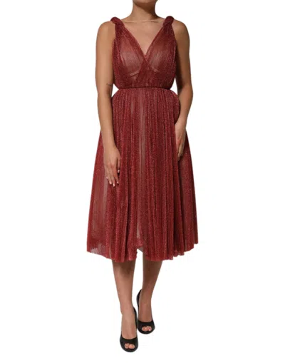 Pre-owned Dolce & Gabbana Burgundy Mesh Sleeveless Midi A-line Women's Dress ()