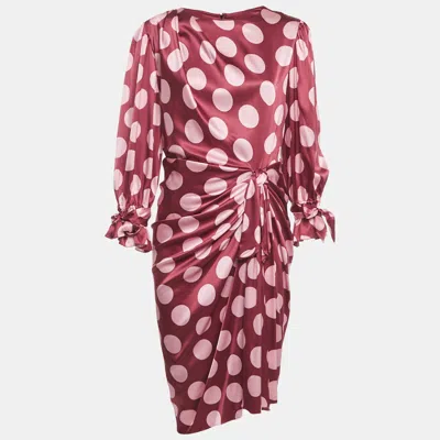 Pre-owned Dolce & Gabbana Burgundy Polka Dot Silk Wrap Detail Midi Dress L