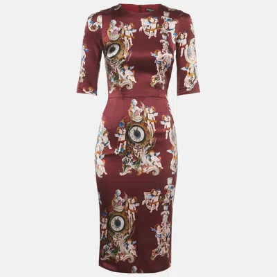 Pre-owned Dolce & Gabbana Burgundy Printed Silk Midi Dress S